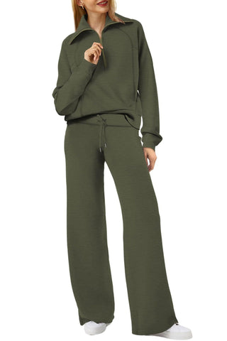 Sonicelife Lapel Zip-up Sweatshirt Wide Leg Long Pants Set