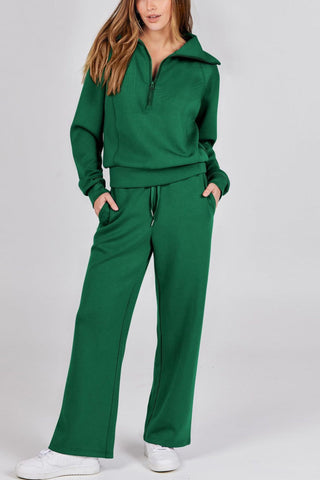 Sonicelife Lapel Zip-up Sweatshirt Wide Leg Long Pants Set