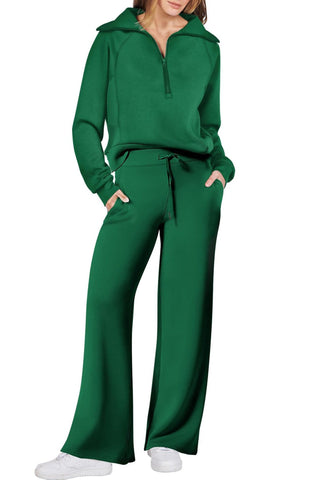 Sonicelife Lapel Zip-up Sweatshirt Wide Leg Long Pants Set