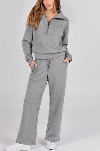 Sonicelife Lapel Zip-up Sweatshirt Wide Leg Long Pants Set