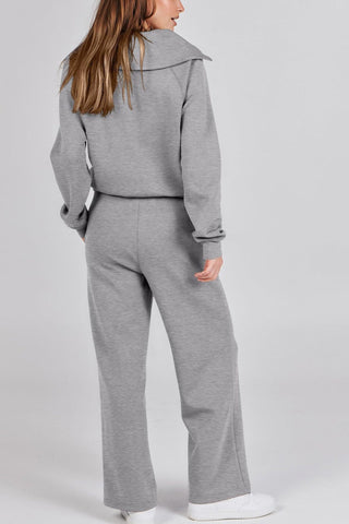 Sonicelife Lapel Zip-up Sweatshirt Wide Leg Long Pants Set