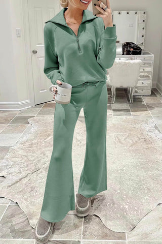 Sonicelife Lapel Zip-up Sweatshirt Wide Leg Long Pants Set