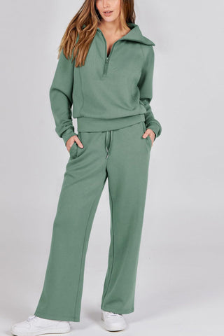 Sonicelife Lapel Zip-up Sweatshirt Wide Leg Long Pants Set