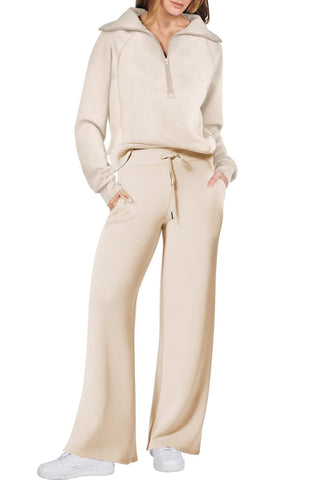 Sonicelife Lapel Zip-up Sweatshirt Wide Leg Long Pants Set