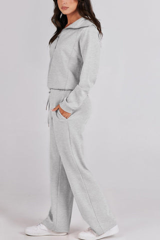 Sonicelife Lapel Zip-up Sweatshirt Wide Leg Long Pants Set