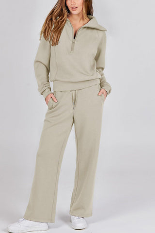 Sonicelife Lapel Zip-up Sweatshirt Wide Leg Long Pants Set