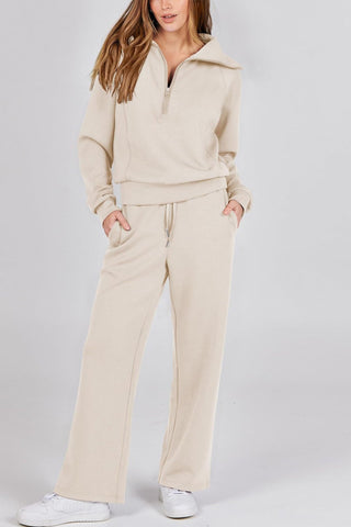 Sonicelife Lapel Zip-up Sweatshirt Wide Leg Long Pants Set