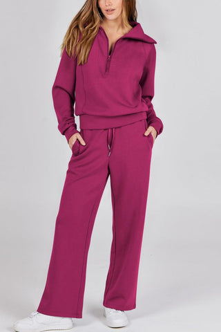 Sonicelife Lapel Zip-up Sweatshirt Wide Leg Long Pants Set