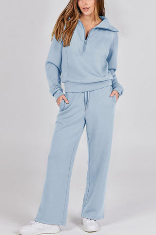 Sonicelife Lapel Zip-up Sweatshirt Wide Leg Long Pants Set