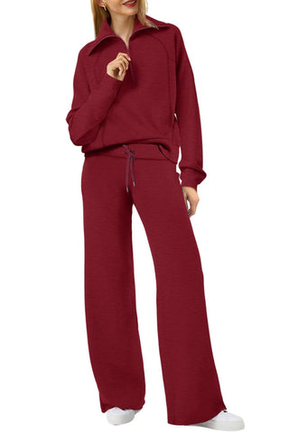 Sonicelife Lapel Zip-up Sweatshirt Wide Leg Long Pants Set