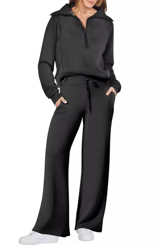 Sonicelife Lapel Zip-up Sweatshirt Wide Leg Long Pants Set