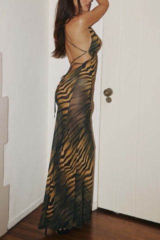 Sonicelife-Leopard Backless Strappy Maxi Dress