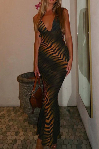 Sonicelife-Leopard Backless Strappy Maxi Dress