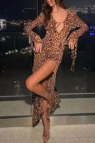 Sonicelife Leopard Print Ruffled Slit Long Sleeve Dress