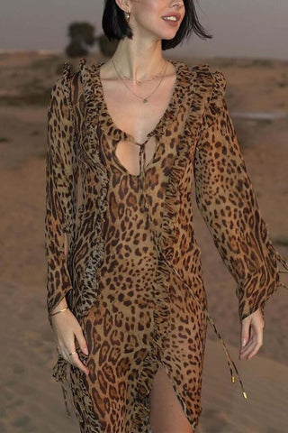 Sonicelife Leopard Print Ruffled Slit Long Sleeve Dress