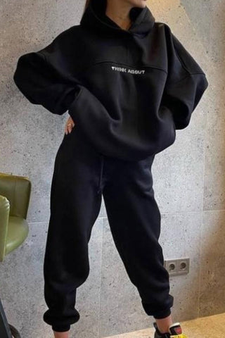 Sonicelife-Letter Graphic Drawstring Hoodie Long Pants Suits