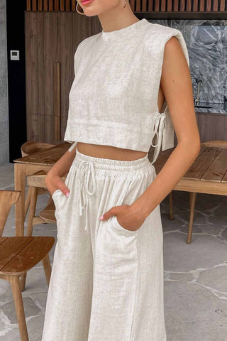 Sonicelife-Linen Crop Tops Sleeveless Lace Up Pant Set