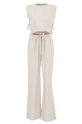 Sonicelife-Linen Crop Tops Sleeveless Lace Up Pant Set