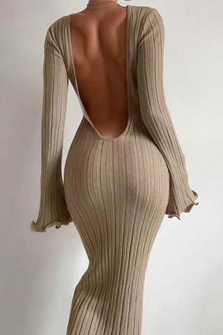 Sonicelife Long Flares Sleeve Backless Ribbed Knit Dress