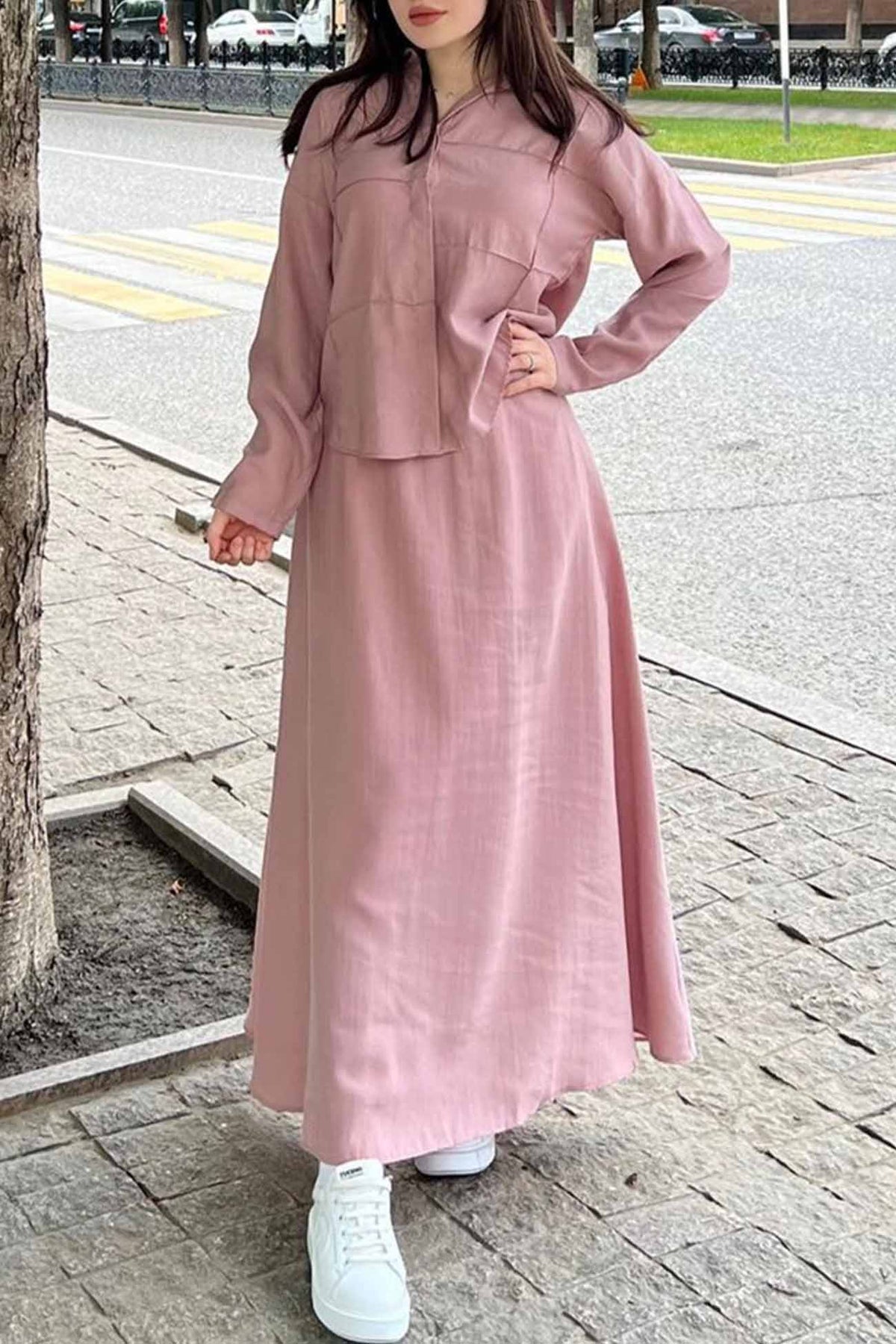 Sonicelife-Long Sleeve Shirt Midi Skirt Two-Piece Set