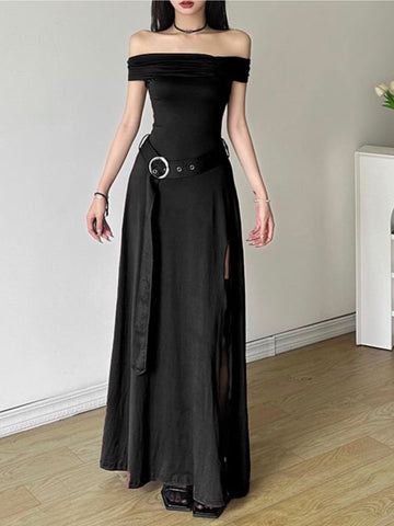 Sonicelife Medieval Off-Shoulder Belted Slit Dress