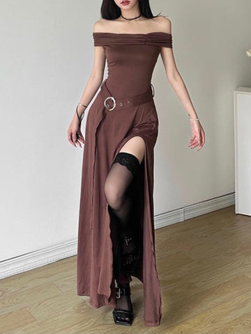 Sonicelife Medieval Off-Shoulder Belted Slit Dress