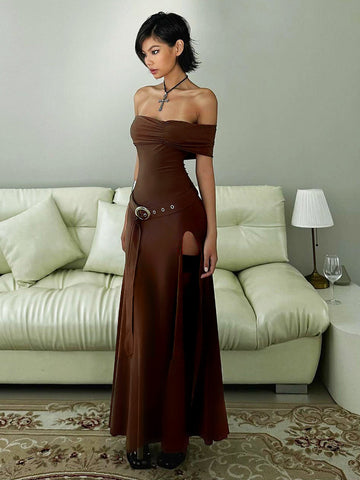 Sonicelife Medieval Off-Shoulder Belted Slit Dress