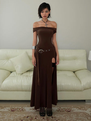 Sonicelife Medieval Off-Shoulder Belted Slit Dress