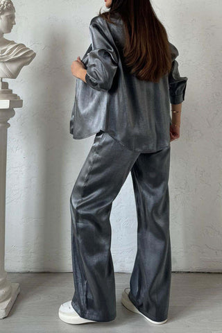 Sonicelife-Metallic Shiny Button Down Shirt Long Pant Set