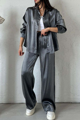 Sonicelife-Metallic Shiny Button Down Shirt Long Pant Set