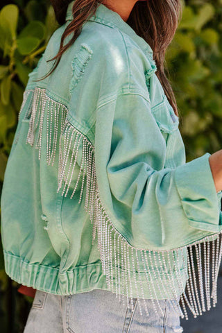 Sonicelife-Mint green Chain Tassel Denim Jacket