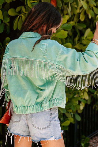 Sonicelife-Mint green Chain Tassel Denim Jacket