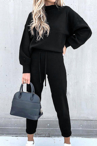 Sonicelife Mock Neck Puff Sleeve Sweatshirt Long Pants Suits