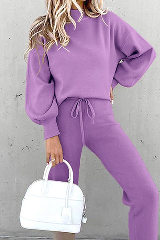 Sonicelife Mock Neck Puff Sleeve Sweatshirt Long Pants Suits