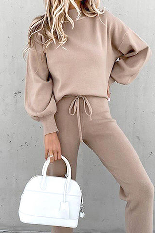 Sonicelife Mock Neck Puff Sleeve Sweatshirt Long Pants Suits