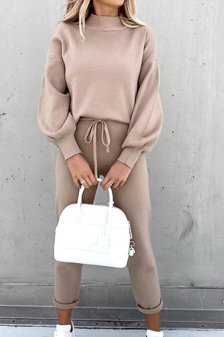 Sonicelife Mock Neck Puff Sleeve Sweatshirt Long Pants Suits