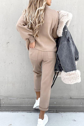 Sonicelife Mock Neck Puff Sleeve Sweatshirt Long Pants Suits