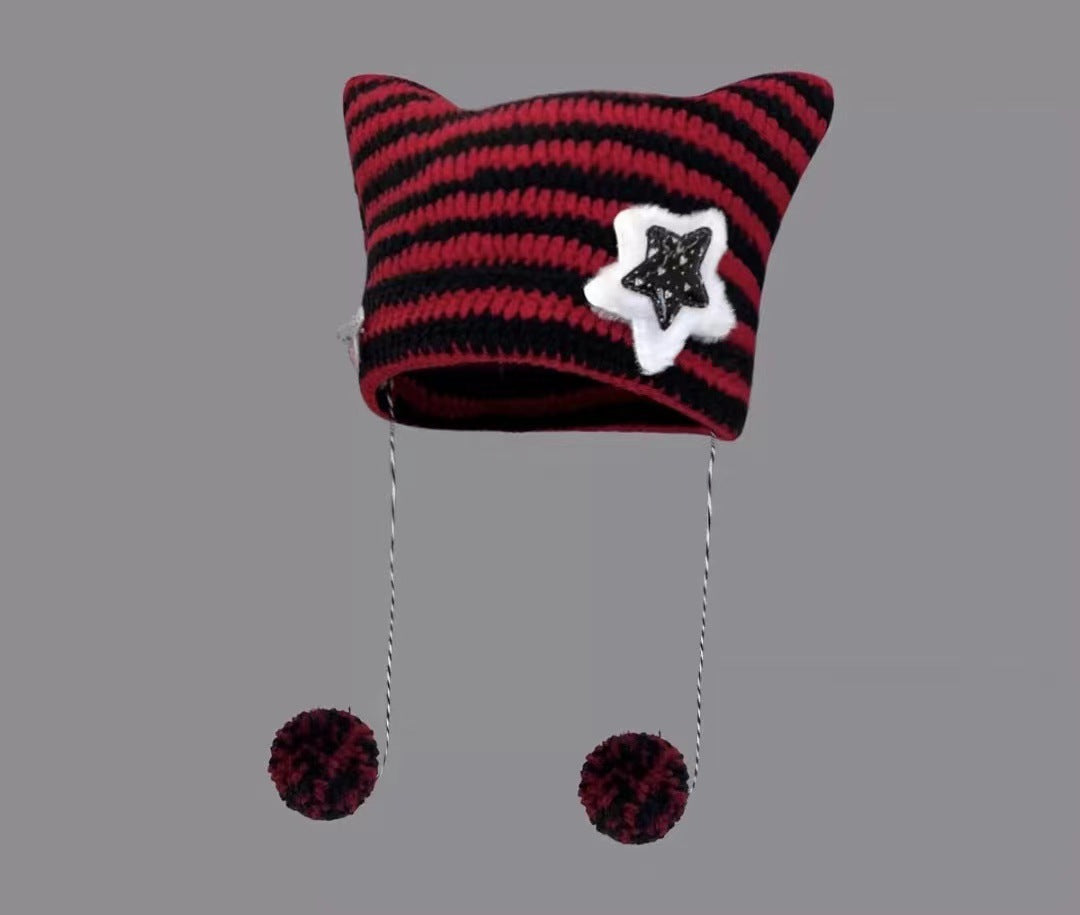 grunge outfits Fur Ball Style Ins Little Devil Striped Knitted Wool Hat Punk Style Cat Ears Cute Pointed Hat Curling Cold Hat