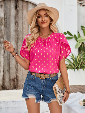 Sonicelife-Polka Dots Printed Round Neck Petal Sleeve Blouse