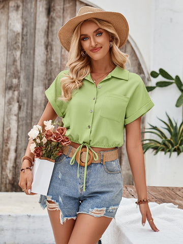 Sonicelife-Solid Color Short Sleeve Button Down Crop Top