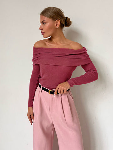 Sonicelife-Solid Color Off Shoulder Long Sleeves Pull Over Shirt