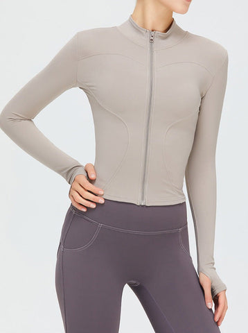 Sonicelife-Khaki Zipper Long-Sleeved Quick Drying Fitness Sports Top