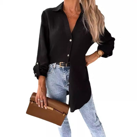 fashion outfits Autumn Simple Solid Color Sleeve V-neck Button Lapel Shirt for Women