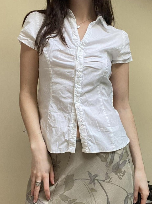Sonicelife-Women's Small Pleated Simple Back Strap Short Sleeve Shirt