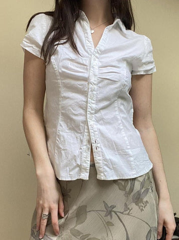 Sonicelife-Women's Small Pleated Simple Back Strap Short Sleeve Shirt