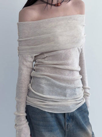 Sonicelife-Off Shoulder Long Sleeve Elegant Plain Knit Shirt