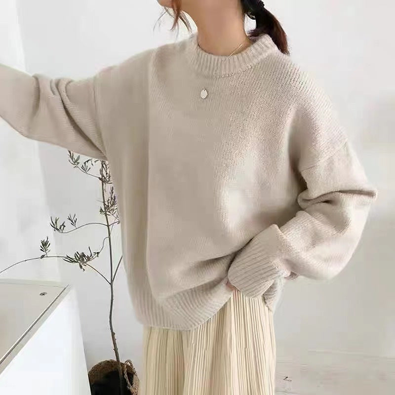 men fall outfits casual Gray Sweater Women's Autumn and Winter Loose Retro Hong Kong Style Lazy Style round Neck Pullover Top Thick Thread Outer Wear Sweater Women