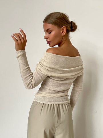 Sonicelife-Beige Off Shoulder Long Sleeves Pull Over Shirt