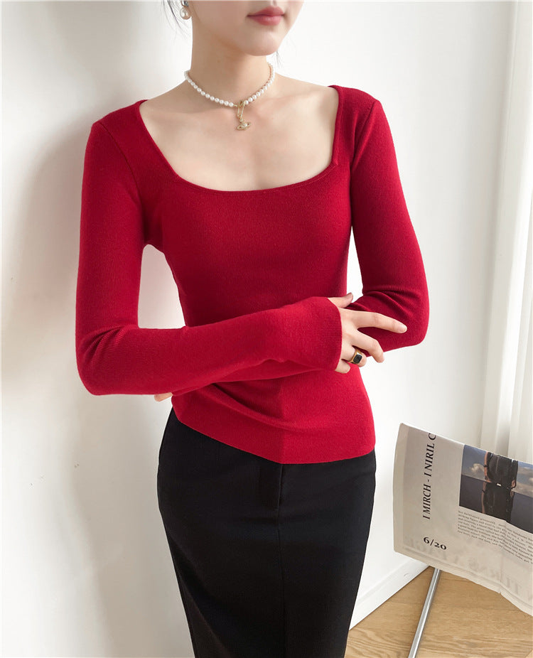 2000s fashion 7356 Autumn and Winter New 14-Pin Cashmere Hong Kong Style Retro Square Collar Leaky Collarbone Slim Slimming Sexy Sweater