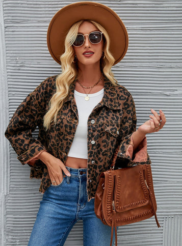 Sonicelife-Casual Leopard Print Denim Short Jacket